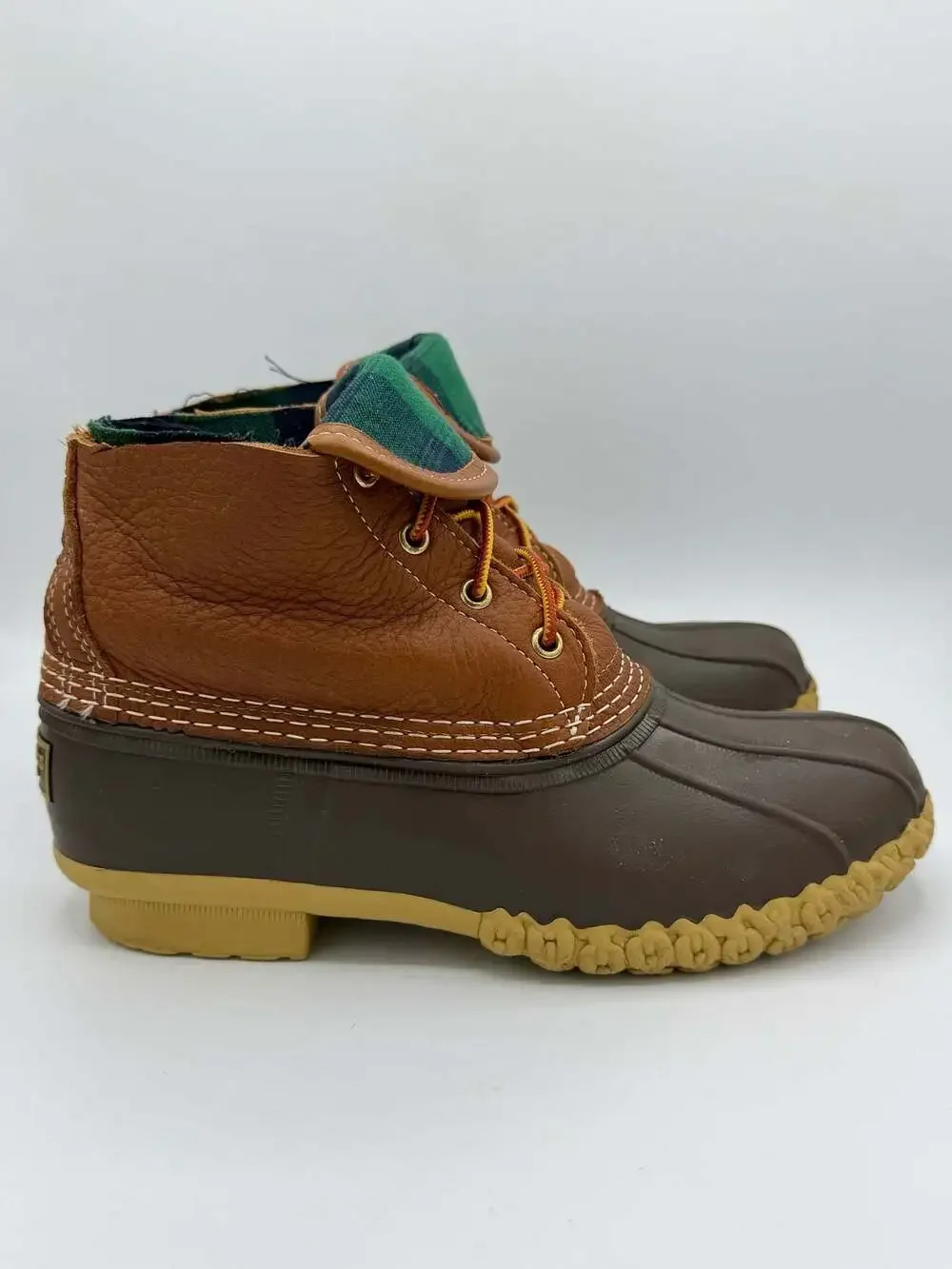 L.L.Bean Bean Boots Women 7.5 Brown Leather Duck Boots Plaid Modified Ankle